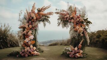 , Wedding ceremony boho rustic style arch with flowers and plants, flower bouquets. photo