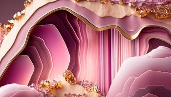 Generative AI, natural volcanic agate stones close-up light pink magenta and golden texture. Wallpaper background, quartz marble, decorative rock pattern photo