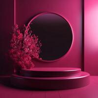 , product viva magenta minimal scene with geometric podium platform and flowers, mock up stand for products. photo