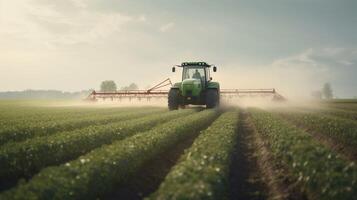 , Tractor spraying a field, Farm landscape, agricultural beautiful countryside, country road. Nature Illustration, photorealistic top view horizontal banner. photo