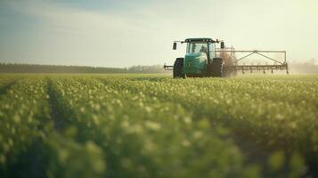 , Tractor spraying a field, Farm landscape, agricultural beautiful countryside, country road. Nature Illustration, photorealistic top view horizontal banner. photo