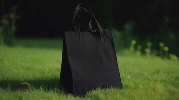 , Realistic black tote canvas fabric bag set-up on the green grass, shopper mock up blank. photo