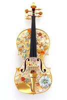 generativo ai, hermosa musical instrumento violín, broche, ópalo Roca y dorado color paleta aislado en blanco antecedentes. bisutería, joyería cerca arriba foto