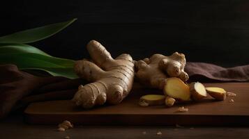 , ginger root spice photorealistic illustartion on dark background. photo