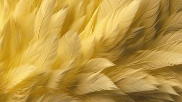 , Beautiful light yellow closeup feathers, photorealistic background. Small fluffy yellow feathers randomly scattered forming photo