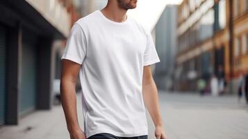 , Realistic white T-Shirt mock up blank put on young man, copyspace for presentation advertising. Blank business concept photo