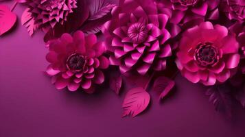 , Paper cut craft flowers and leaves, viva magenta color, floral origami textured background, spring mood. Photorealistic effect. photo