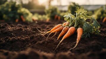 , Row of fresh carrots with green leafs on the ground, vegetables in the garden, a good harvest of eco products. photo