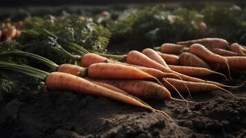 , Row of fresh carrots with green leafs on the ground, vegetables in the garden, a good harvest of eco products. photo