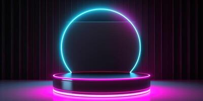 , Sci-Fi Futuristic neon glowing banner with podium. Abstract cyberpunk background for promotion goods. Mockup template photo