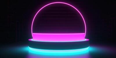 , Sci-Fi Futuristic neon glowing banner with podium. Abstract cyberpunk background for promotion goods. Mockup template photo