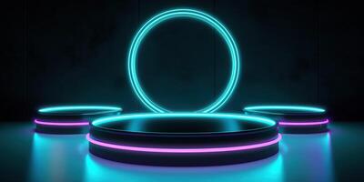 , Sci-Fi Futuristic neon glowing banner with podium. Abstract cyberpunk background for promotion goods. Mockup template photo