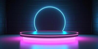 , Sci-Fi Futuristic neon glowing banner with podium. Abstract cyberpunk background for promotion goods. Mockup template photo