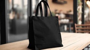 , Realistic black tote canvas fabric bag set-up in at interior or outdoor, shopper mock up blank. photo