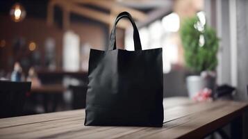 , Realistic black tote canvas fabric bag set-up in at interior or outdoor, shopper mock up blank. photo