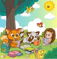 linda animales leyendo debajo el árbol dibujos animados vector