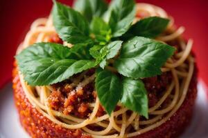 Spaghetti pasta with parmesan cheese and parsley on a plate. photo