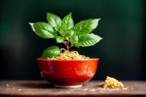Spaghetti pasta with parmesan cheese and parsley on a plate. photo