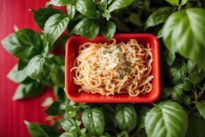 Spaghetti pasta with parmesan cheese and parsley on a plate. photo