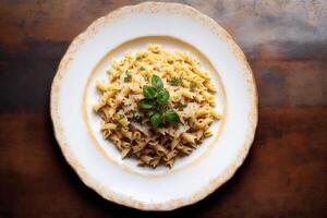 Spaghetti pasta with parmesan cheese and parsley on a plate. photo