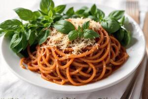Spaghetti pasta with parmesan cheese and parsley on a plate. photo