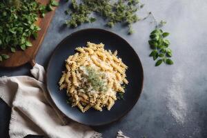 Spaghetti pasta with parmesan cheese and parsley on a plate. photo