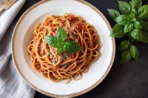 Spaghetti pasta with parmesan cheese and parsley on a plate. photo