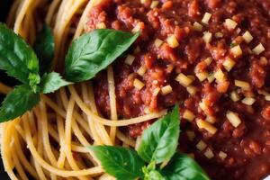 Spaghetti pasta with parmesan cheese and parsley on a plate. photo