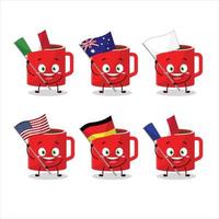 Glass of coffee cartoon character bring the flags of various countries vector