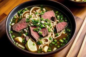 japonés ramen fideos sopa con carne de vaca y verde cebolla en bol. carne de vaca sopa. generativo ai foto