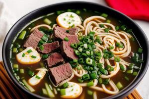 Japanese ramen noodle soup with beef and green onion in bowl. Beef soup. photo