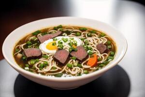 japonés ramen fideos sopa con carne de vaca y verde cebolla en bol. carne de vaca sopa. generativo ai foto