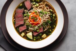 Japanese ramen noodle soup with beef and green onion in bowl. Beef soup. photo