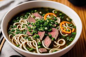 Japanese ramen noodle soup with beef and green onion in bowl. Beef soup. photo