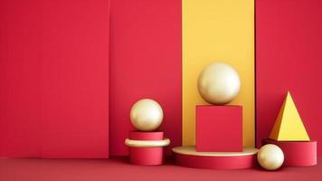 Abstract 3D products display podium showcase for scene with geometric shape. 3d rendering with red gold stage to show cosmetic products. Lighting in luxury red studio. Chinese new year holiday. photo