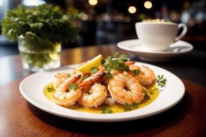 Shrimps with parsley and lemon on a white plate. photo