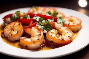 Shrimps with parsley and lemon on a white plate. photo