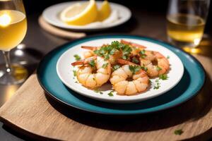 Shrimps with parsley and lemon on a white plate. photo