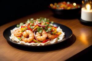 Shrimps with parsley and lemon on a white plate. photo