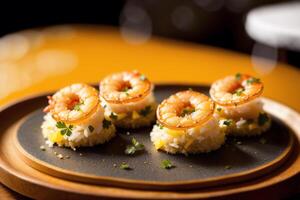 Shrimps with parsley and lemon on a white plate. photo