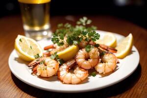 Shrimps with parsley and lemon on a white plate. photo