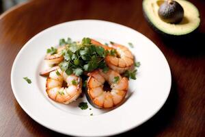 Shrimps with parsley and lemon on a white plate. photo