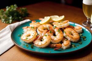 Shrimps with parsley and lemon on a white plate. photo