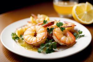 Shrimps with parsley and lemon on a white plate. photo