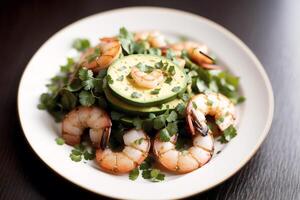 Shrimps with parsley and lemon on a white plate. photo