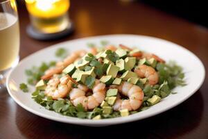 Shrimps with parsley and lemon on a white plate. photo