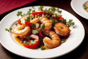 Shrimps with parsley and lemon on a white plate. photo