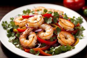 Shrimps with parsley and lemon on a white plate. photo