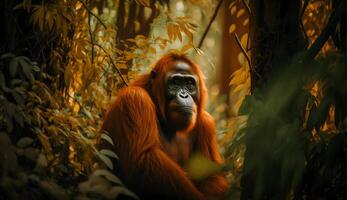 orangutan in a tropical rainforest conservation area ,Borneo endemic primates , photo