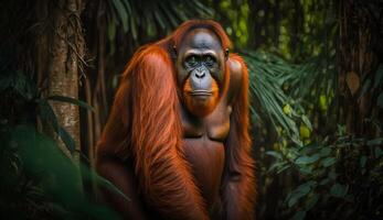 orangutan in a tropical rainforest conservation area ,Borneo endemic primates , photo